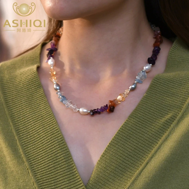 ASHIQI Natural Freshwater Baroque Pearl Necklace with Irregular Colored Crystal Stone Jewelry Suitable for Womens Gifts 241018