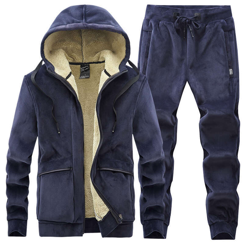 Winter Male Thick Sport Tracuit Hooded Sportswear Zipper Cardigan Hoodies + Elastic Pants Casual Men Fleece Warm Sets