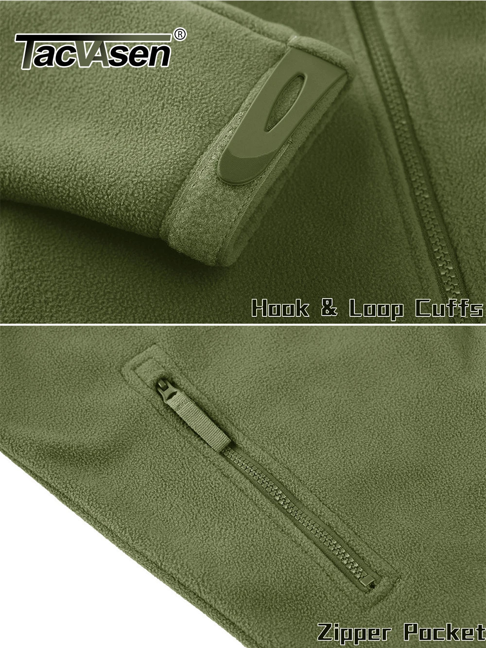 TACVASEN Full Zip Up Green Fleece Jacket Thermal Warm Work Coats Mens Zipper Pockets Hiking Training Outwear Windbreaker 241018