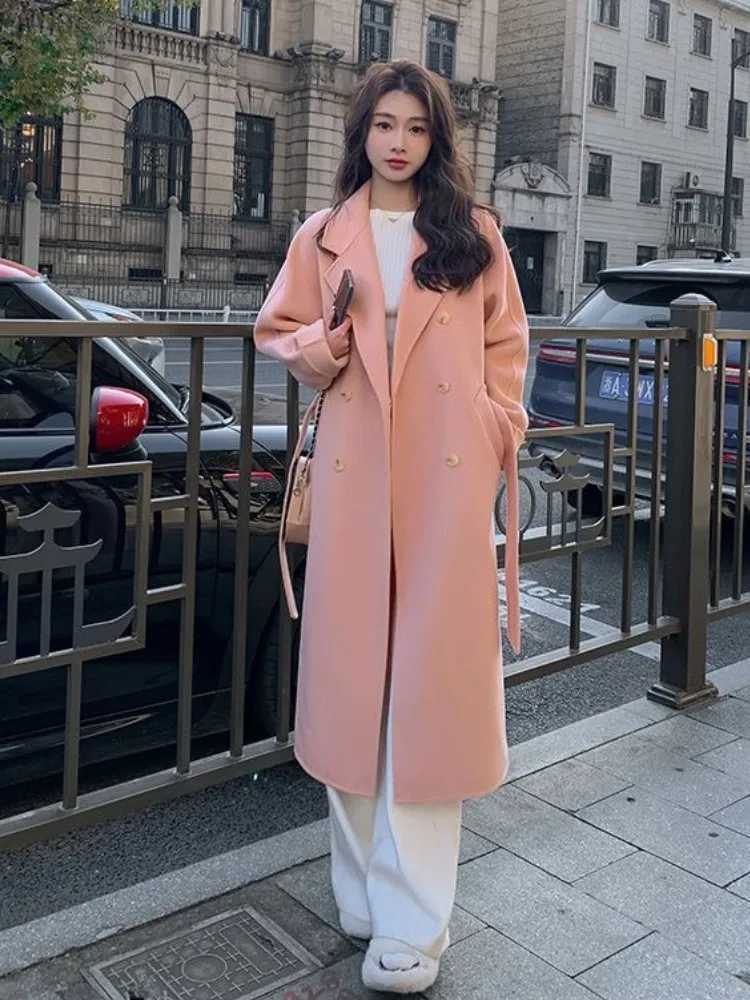Autumn Winter Loose Woolen Coat for Women Casual Solid Outerwear with Belted Korean Fashion Chic Female Overcoat Clothes NewX241009