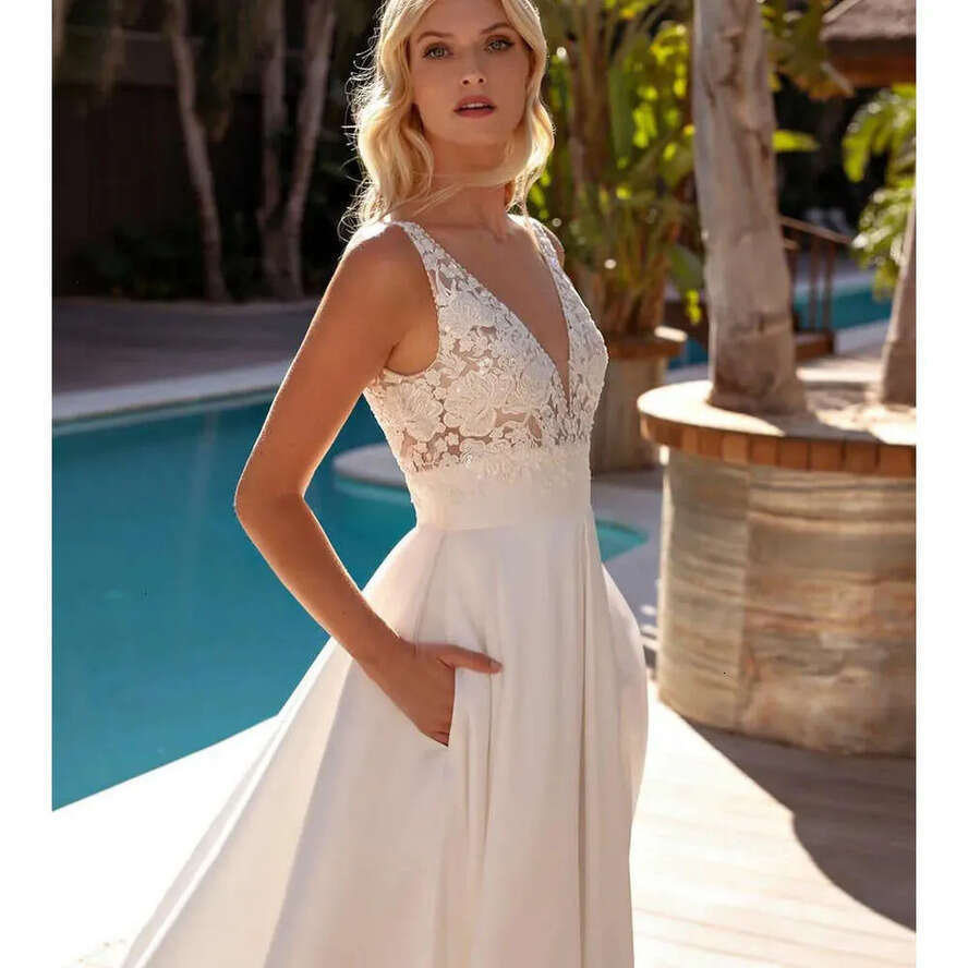 Elegant A De E V Neck Noiva Boho Vestido Satin Lace Appliques Plus Size Wedding Gown Bridal Dresses Legant Estido Ppliques Stido 6660311