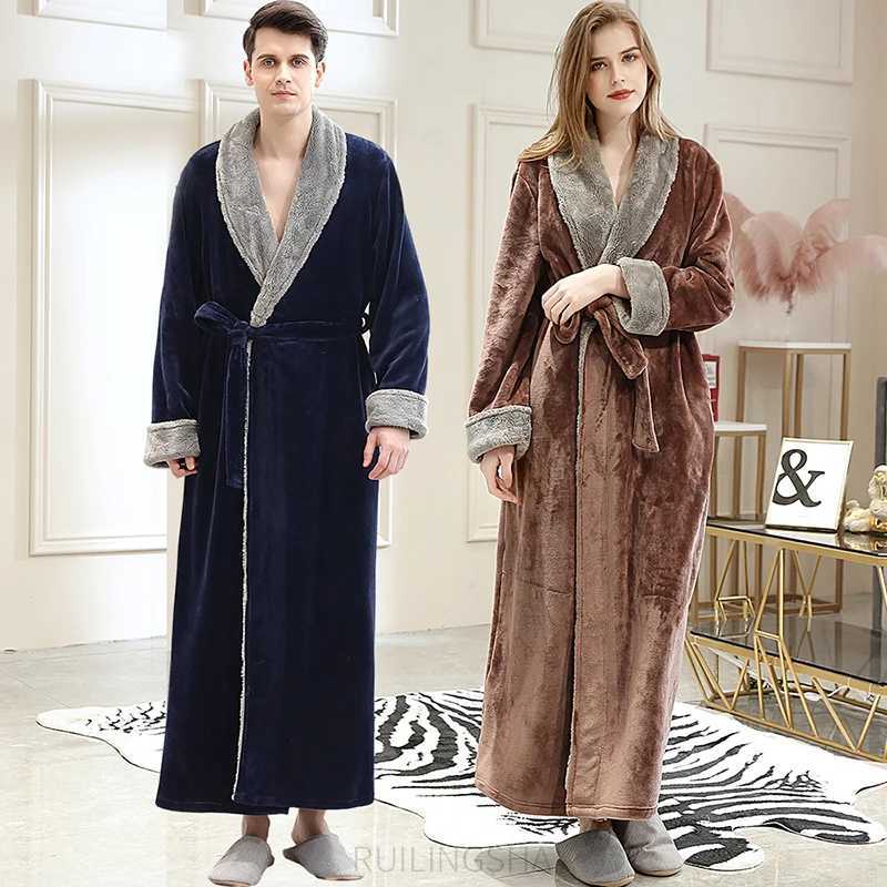 Lovers Extra Long Warm Flannel Bathrobe Plus Size Men Women Winter Coral Fleece Bath Robe Cozy Dressing Gown Spa Bride SleepwearXJ241018