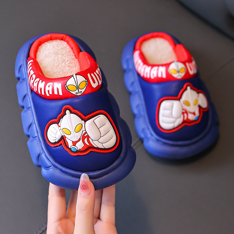 Ultraman children's cotton slippers for boys, waterproof for autumn and winter, anti slip and warm for children indoors, cotton slippers for babi