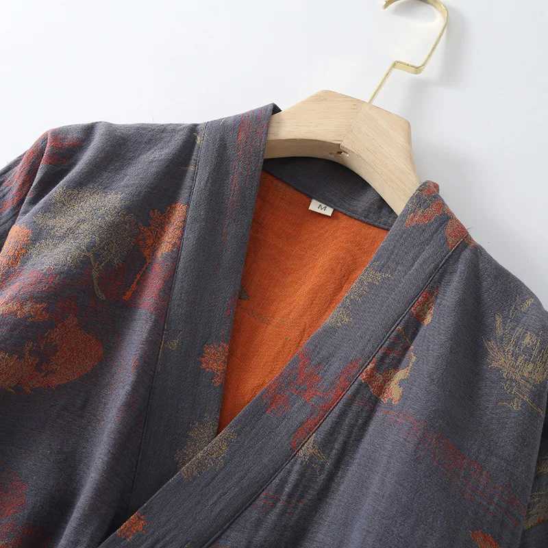 Kimono Robe Cotton Pajamas Spring Summer Loose Double Layer Gauze Mens Bathrobe Floral Print Sleepwear Lounge GownXJ241018