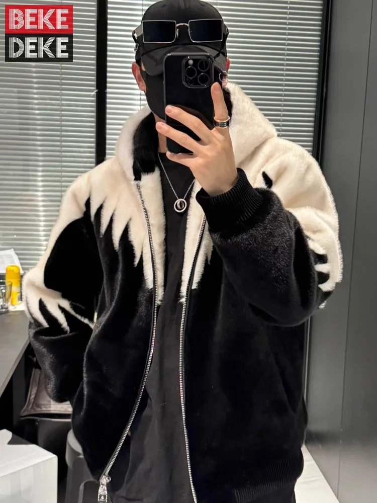 Winter Artificial Mink Fur Mens Hooded Jacket Fashion Zipper Mixed Colors Hip Hop Casual Outewear Personality High Street Coat 241018