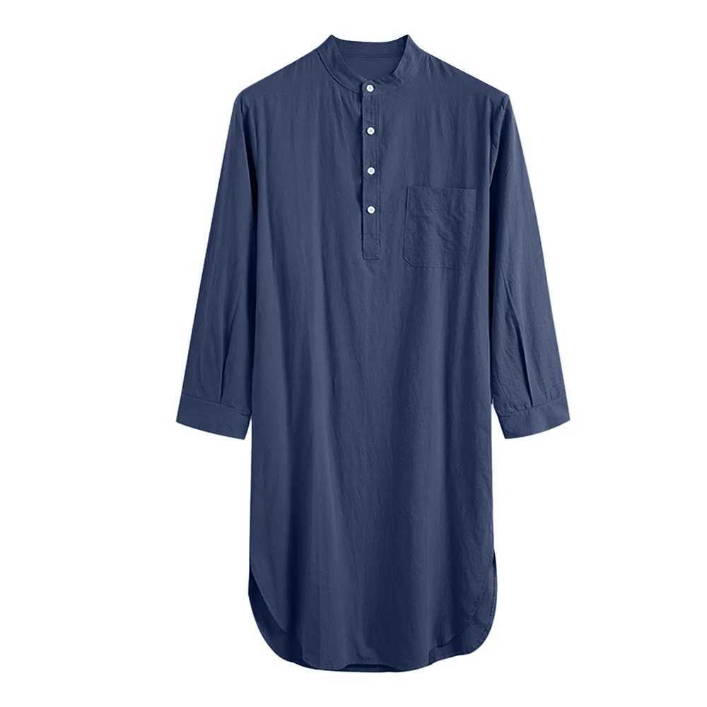 Causal Mens Sleep Robe Solid Color Long Sleeve Nightgown O Neck Button Up Leisure Men Bathrobe Homewear Long Shirt Kaftan ThobeXJ241018