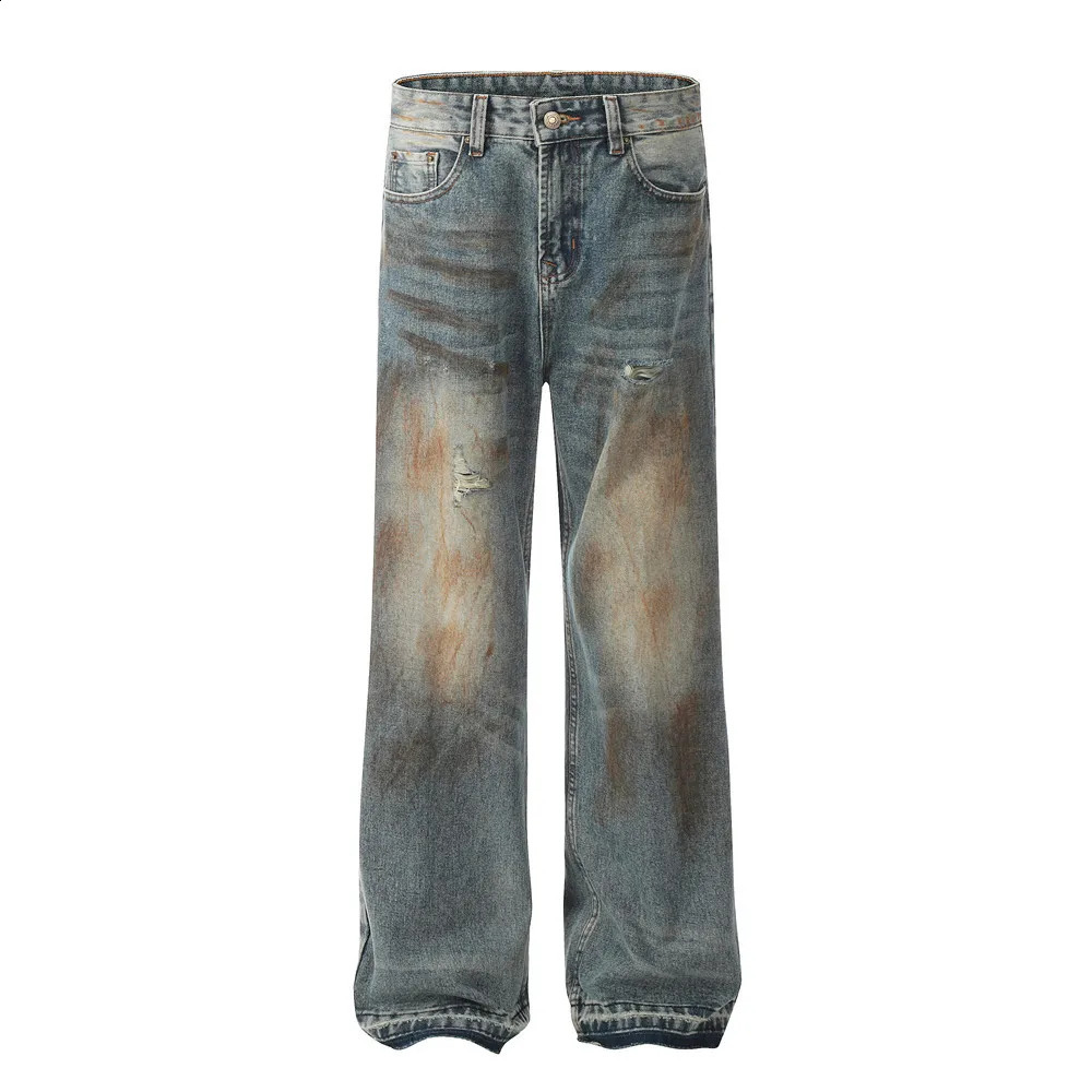 Dirty Holes Straight Jeans Punk Waste Soil Wash Splash Ink Brushing Paint Raw Edge Y2k 241010