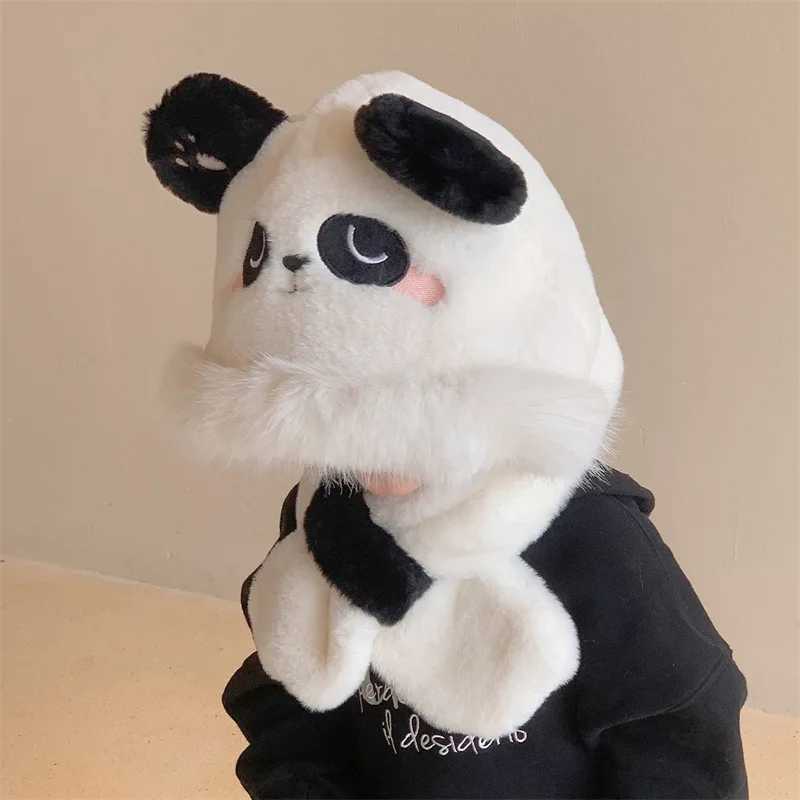 Panda Children Plush Hat Scarf One-piece Ear Protection Cap 2-8year Kids Cross Neckerchiefs Winter Warm Toddler Beanies LX241018