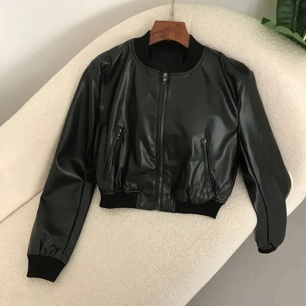 Faux Spring Lady Loose Artificial Jacket Vintage Locomotive Style Coat Women Washed Leather Gradient Zipper