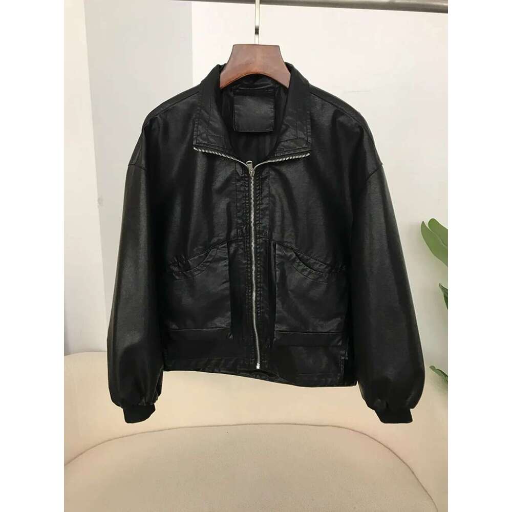 Spring Summer New Hong Kong PU Leather Jacket For Women High-End Design American Retro Motorcycle Popular Style Casual