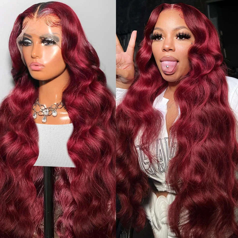 13x6 HD Transparent Body Wave 99j burgundy Lace Frontal Human Hair Wig 30 Inch 200 Density Lace Front Wig PrePlucked For Women