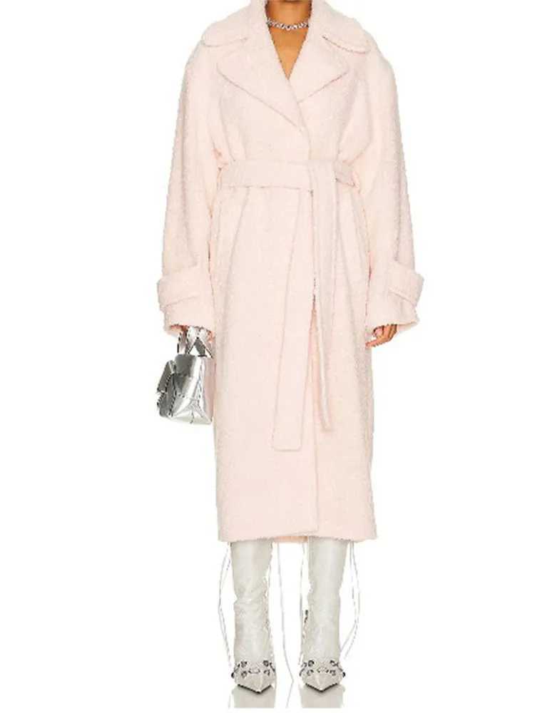 Sweet Pink With Belt Woolen Overcoat Women Fashion Lapel Long Sleeve Warm Long Coat 2024 Autumn Winter New Lady Street OuterwearX241009
