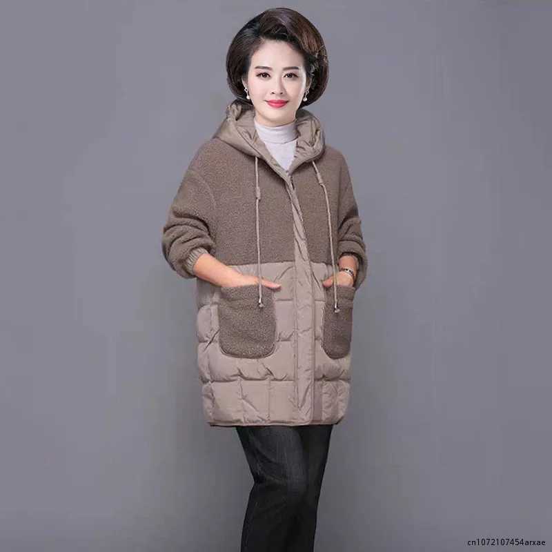 Women Padded Jackets Autumn Winter Hooded Outerwear 2023 Loose S-4XL Down Cotton Jacket Mid-Length Lamb Wool Thick Coat FemaleX241018