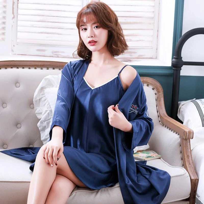 Mini Sleepwear With Belt Intimate Lingerie 2PCS Sweet Couple Kimono Bathrobe Set Full Sleeve Twinset Bobe Suit Satin Night WearXJ241018