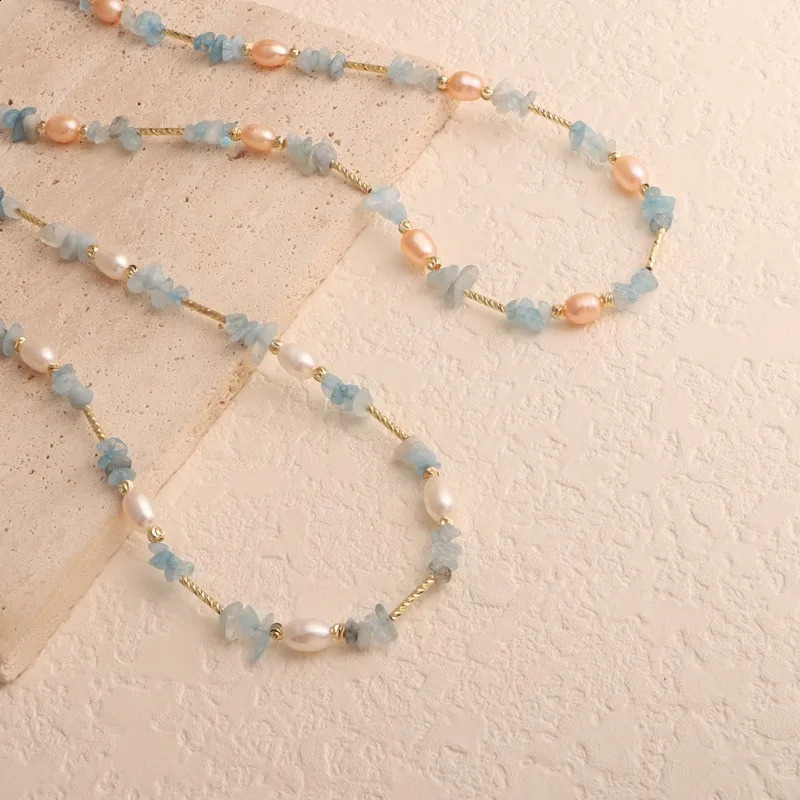 Minar Bohemia multicolored irregular natural stone chain freshwater pearl bead necklace suitable for women 14K real gold copper necklace 241018