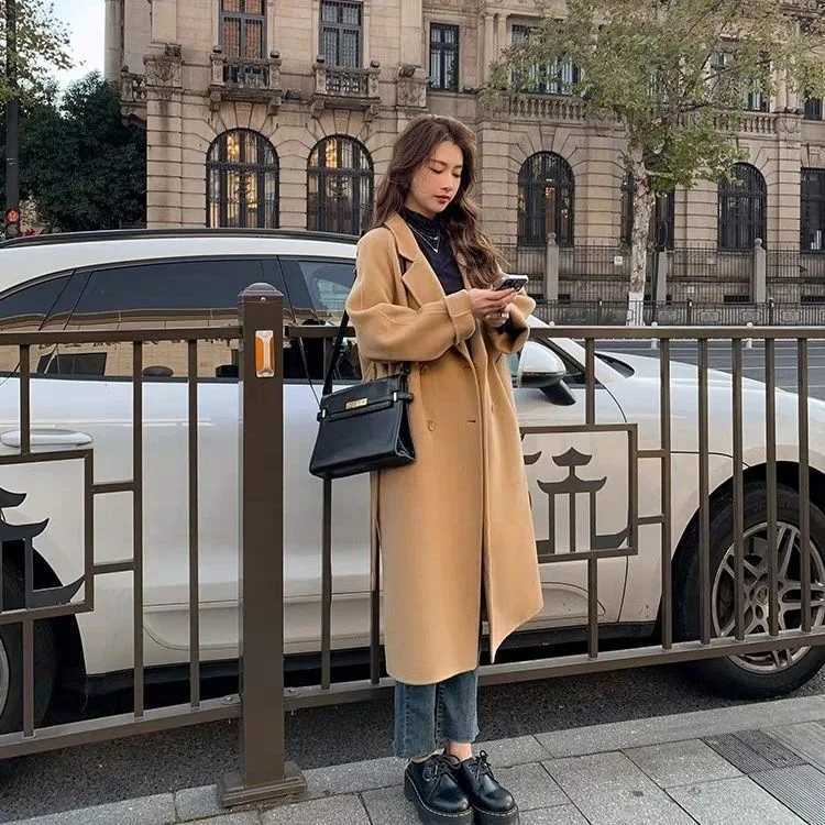 Lace UP Long Coat Women 2024 Spring Faux Woolen Full Sleeve Female Midi Jacket Fashion Single Breasted Loose Causal Lady CoatsX241009