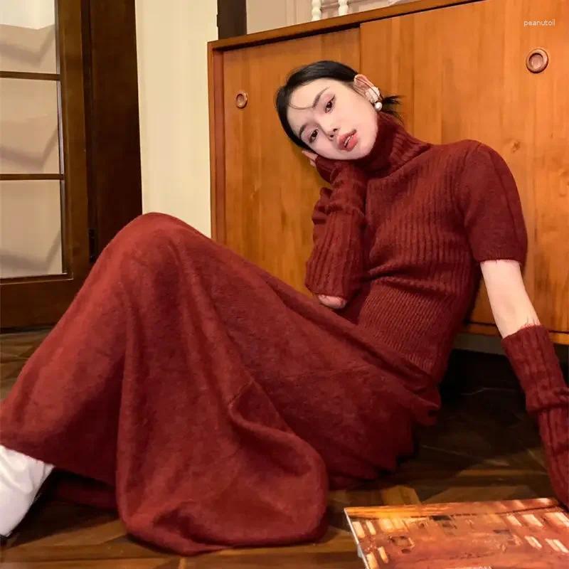 Two Piece Dress French Elegant Knitted Skirt Suits Vintage Autumn Winter Women High Neck Pullover Sweater Tops With Waiste Long Skirts Set B4