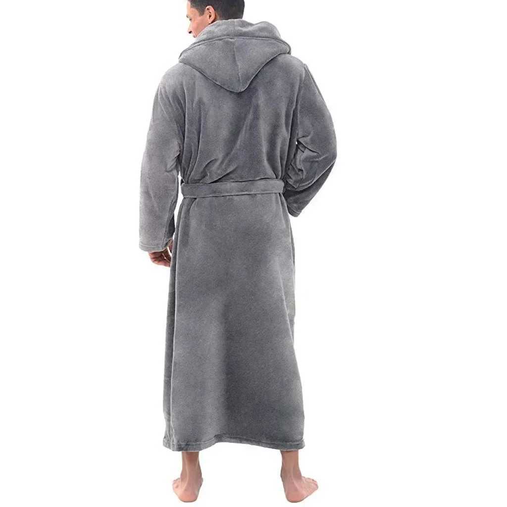 Winter Warm Bath Robe Men Bathrobe Nightgown Soft Coral Fleece Hooded Bathrobes Long Bath Robe Mens Bathrobe Home SleepwearXJ241018