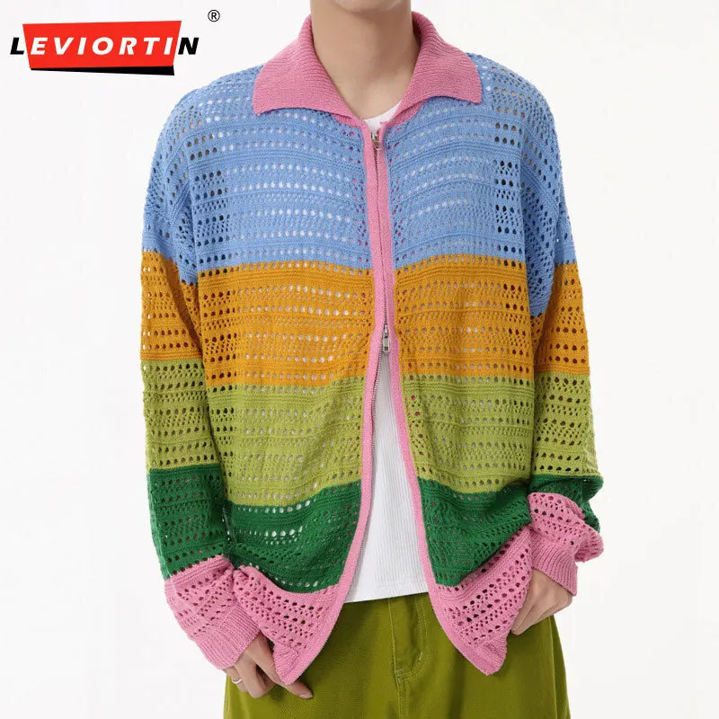 Autumn Product Korean Retro Color Contrast Hollow Rainbow Zipper Knitted Sweater Loose Long Sleeve Coat M4BF1591 241018