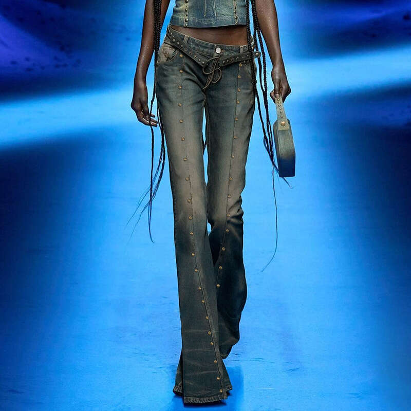 Designer Distressed Rivet Low Rise Jeans Women Y2k Aesthetic Slim Flare Pants Street Fashion Tech Retro Denim Trouser