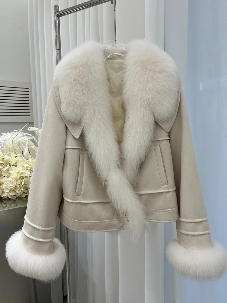 Womens Short Puffer Jacket Coats Winter Goose Down Natural Fox Fur Collar Thick Outerwear 241018