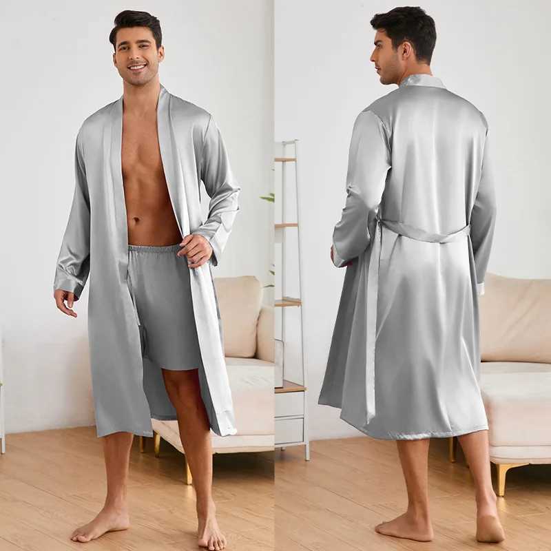 Solid Color Simple Homewear Mens Sleepwear Silk Satin Robe Shorts Pajamas Suit Spring Autumn Long Sleeved Bathrobe NightgownXJ241018