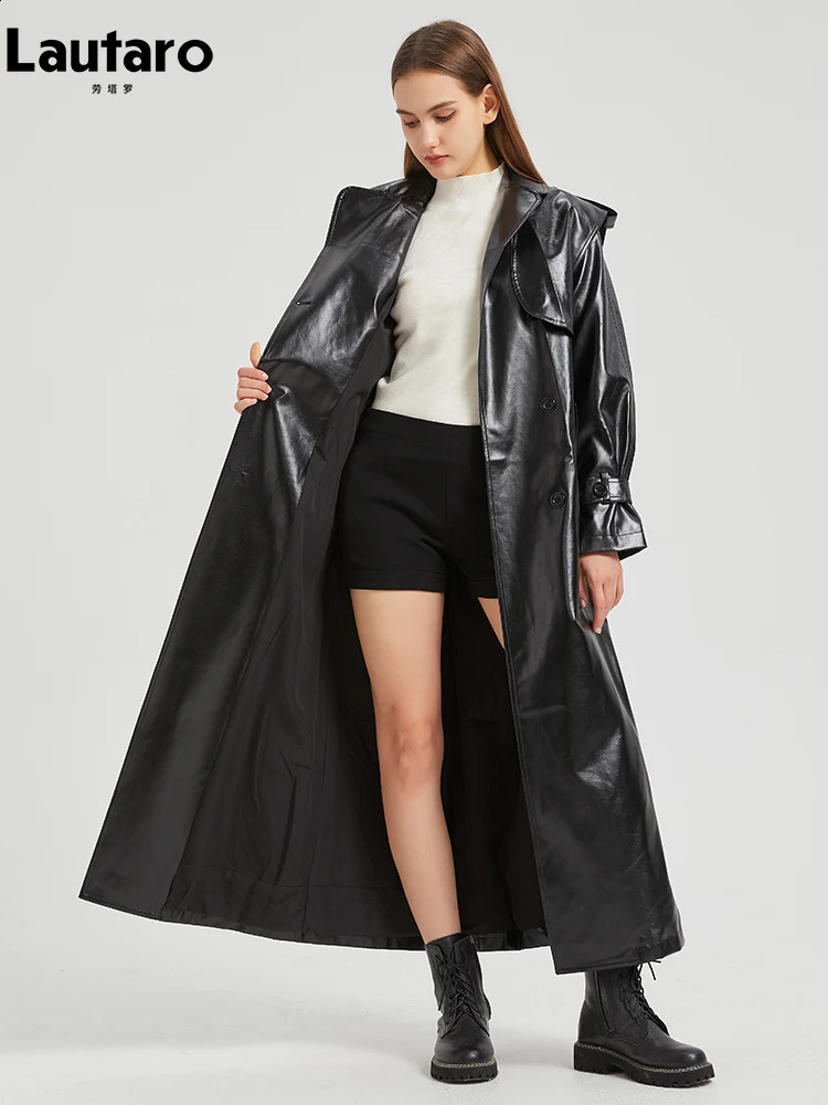 Lautaro Autumn Extra Long Gold Shiny Patent Pu Leather Trench Coat for Women Single Breasted Overcoat 2024 241018