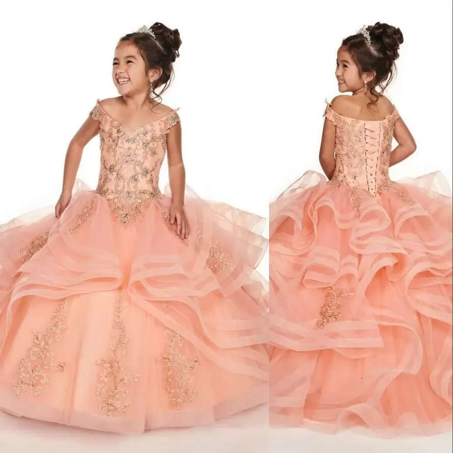 Blue Peach Royal 2022 Girls Pageant Off Shoulder Gold Lace Embroidery Beaded Wer Girl Dresses Kids Wear Birthday Communion Dress