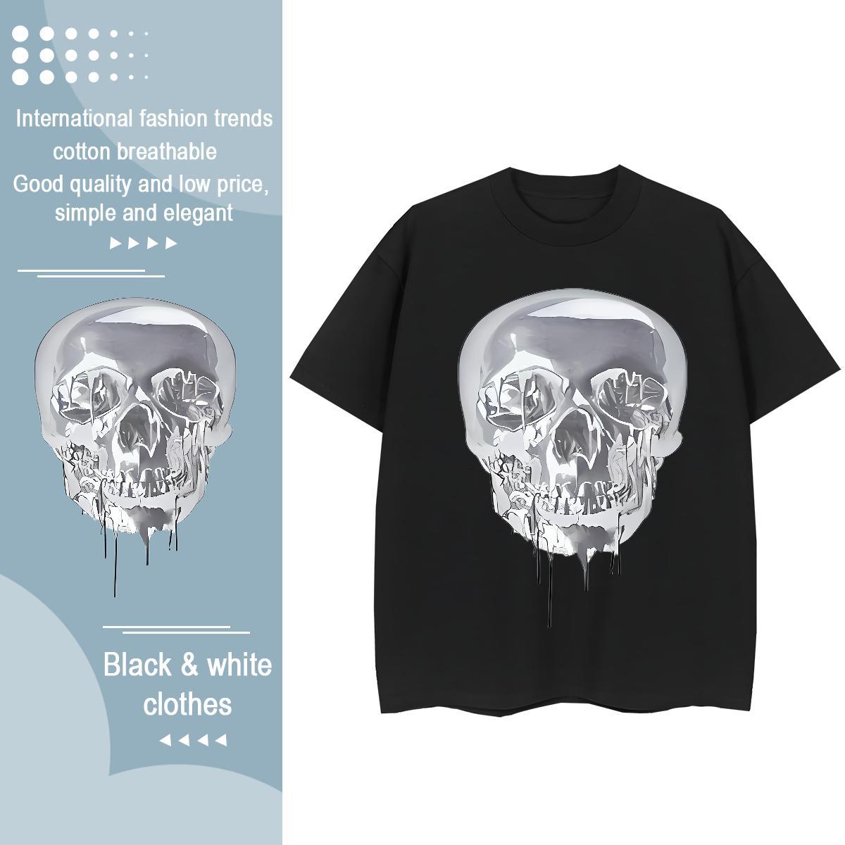 New Womens T Shirts 230g 100% Cotton Breathable Crew Neck Spring Summer skull Womens Tshirts Unisex Floral Print Polos
