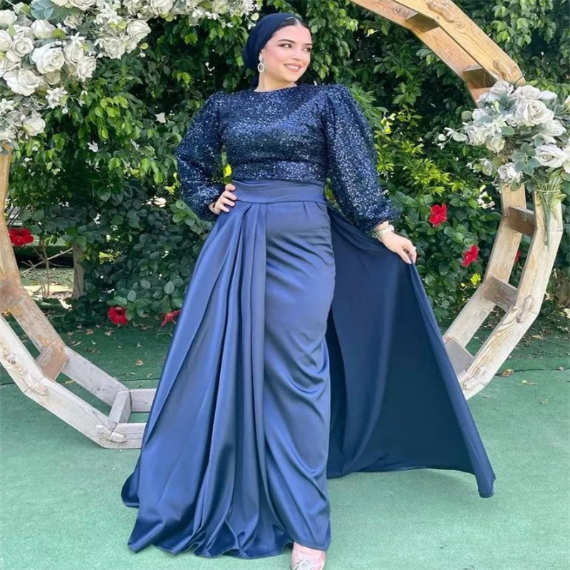 Navy Blue Muslim Evening Dress Elegant Dubai Abaya Sequin Prom Dresses Long Sleeve Saudi Arabic Islamic Formal Dress Engagement Birthday Vestios De Fi