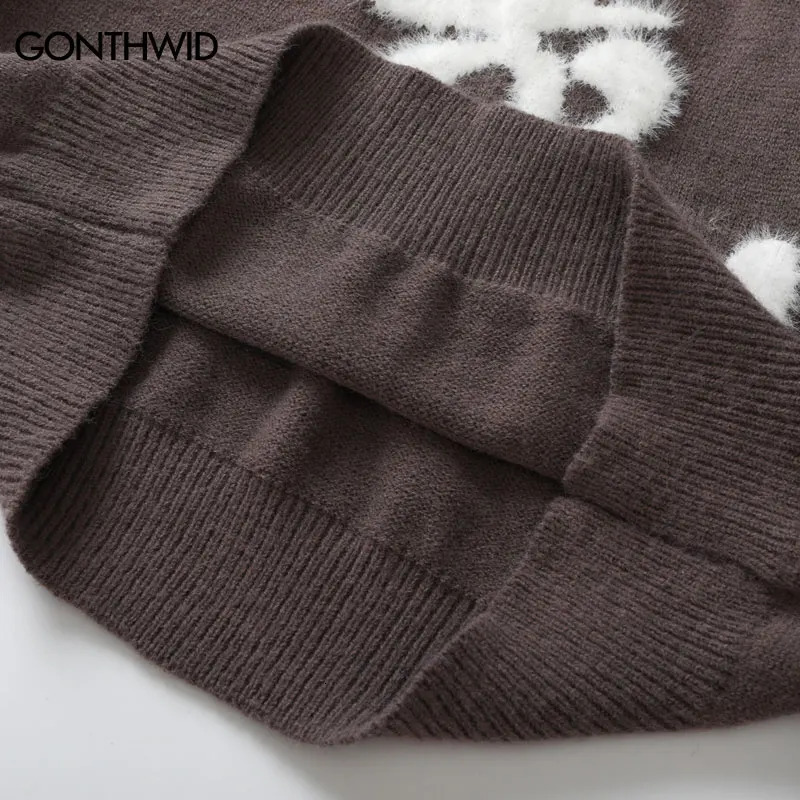 Harajuku Fluffy Letter Sweater Hip Hop Knitted Jumpers Streetwear Men Fashion Casual Loose Pullover Sweaters Knitwear 241018