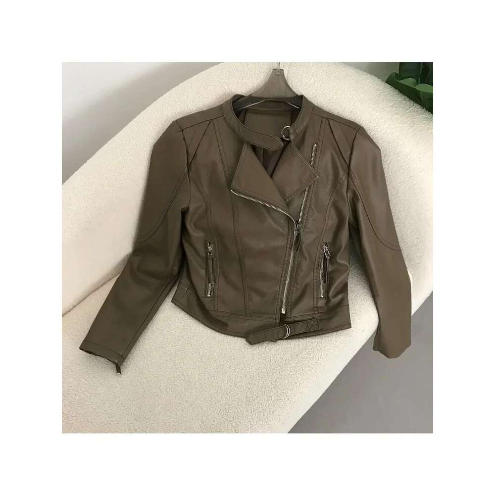 2024 Motorcycle Spring New Style Slim Fit Versatile Stand Collar Small Leather Women Short Jacket Zippers