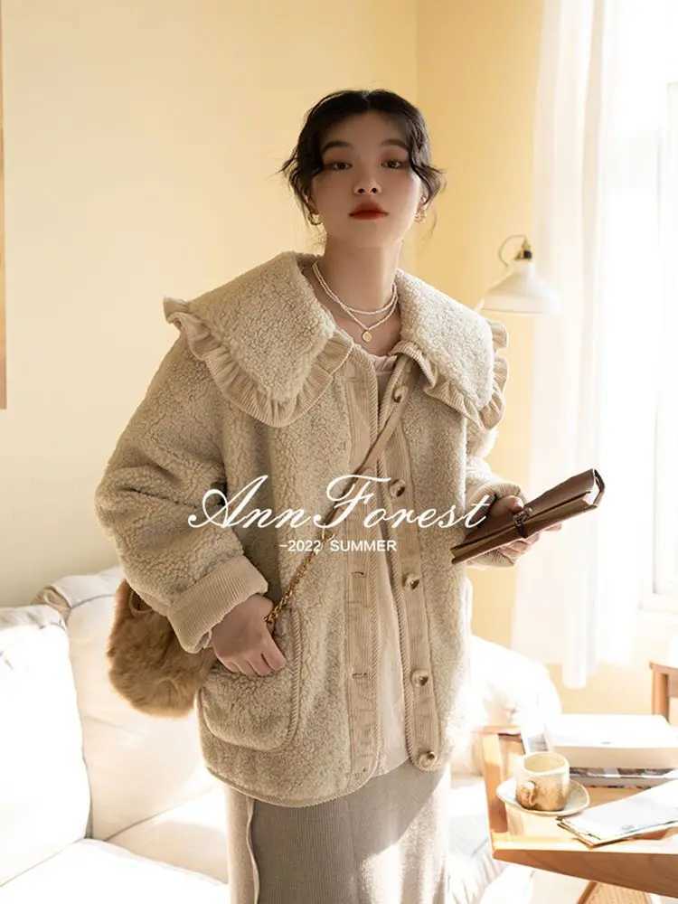 Loose Cute Lace Ruffled Collar Doll Plush Coat Wool Jacket Autumn Winter Lamb wool coatX241018