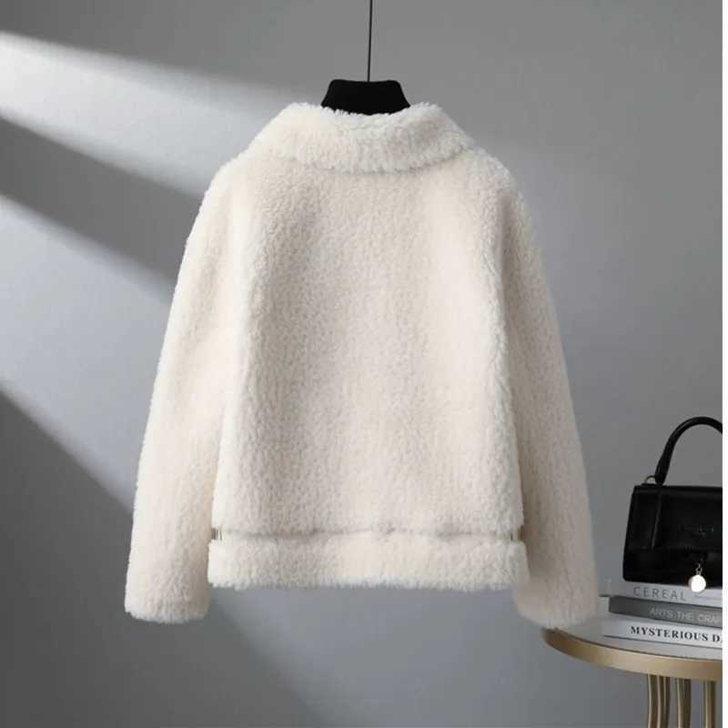 2023 Winter New Particle Splicing Jacket Female Korean Loose Motorcycle Lamb Wool Coat Womens Warm Short Zipper Outwear TopsX241018