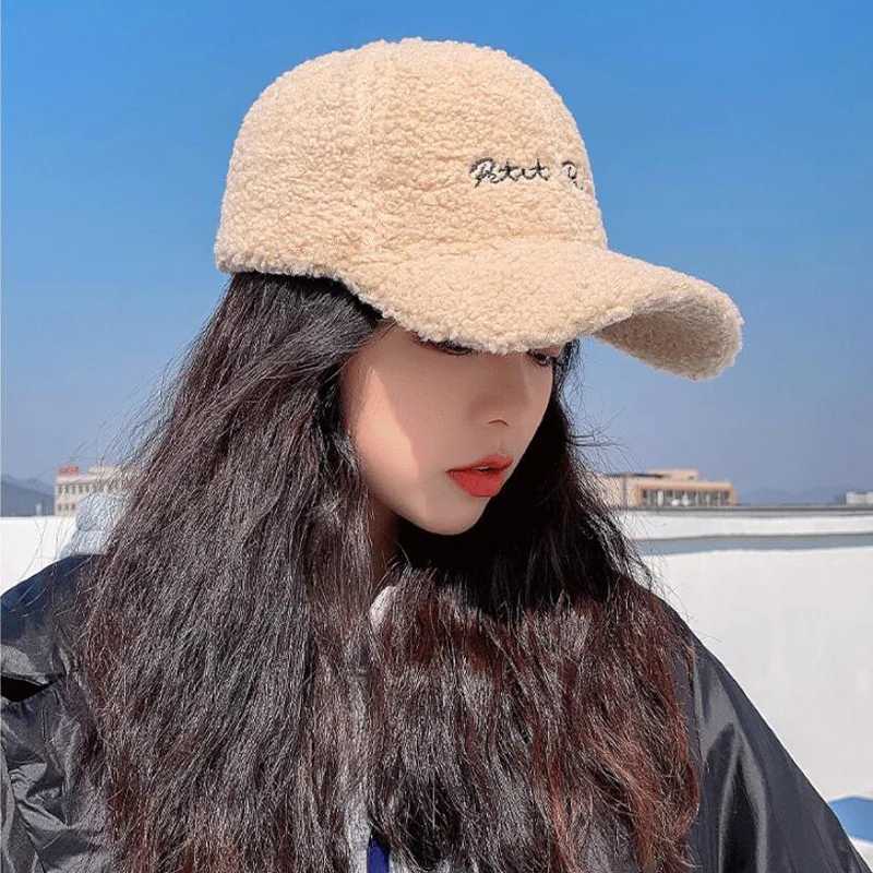 New Lamb Wool Baseball Cap Letter Embroidery Women Sun Hat Lady Girls Outdoor Warm Winter Spring Plush CapsX241018