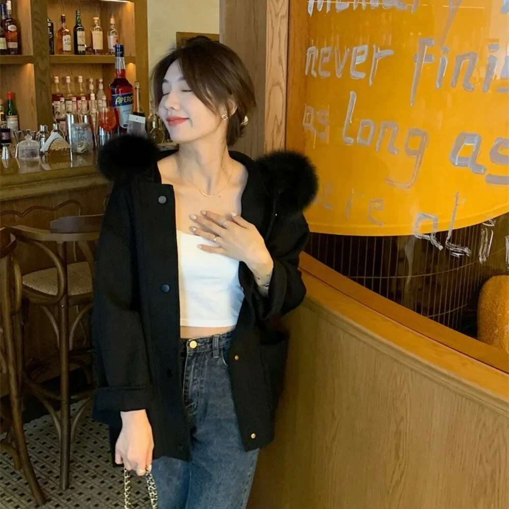 Real Fox Woolen Coat Female 2024Winter New Women Loose Temperament Large Size Thickened Parkas Big Fur Collar Hooded Outwear