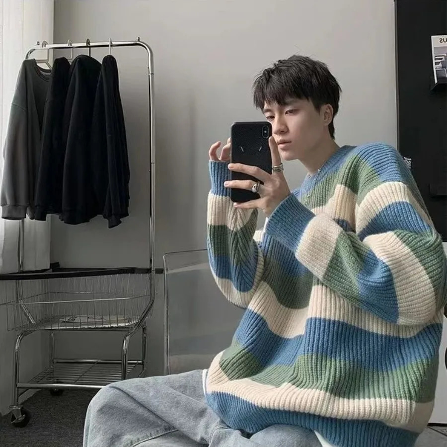 Warm Knitwear Thick Striped Mens Knit Sweater Fleeced Crewneck Round Collar Pullovers Male Vintage Long Sleeve Streetwear 241018