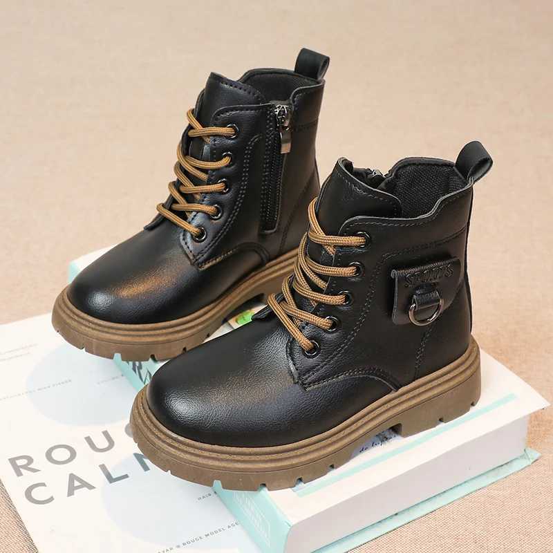 Boots Girls Ankle Boots Kids Fashion Boot Side Zipper with Metal Buckle Fashion Classic Children Rubber Boots Black 2024 Autumn Winter H241018