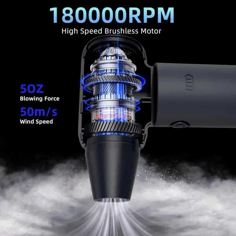 Wireless hair dryer with 180000RPM and a wind speed of 50m/s is used for cleaning car keyboards and computers. It is a high-performance electric hair 