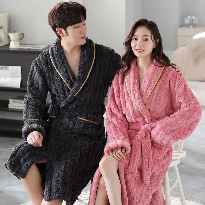 Nightgown Autumn Winter Mens and Womens Same Thickened Warm Coral Fleece Couple Bathrobe Two-Piece Set Four Seasons UniversalXJ241018