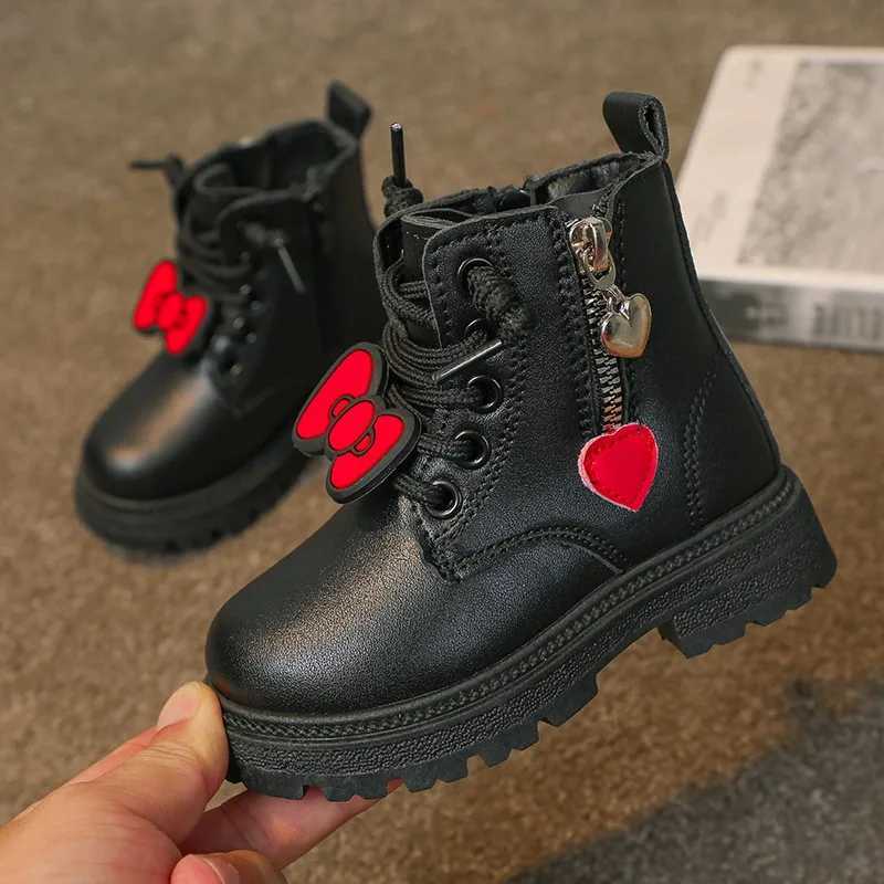 Boots New plush warm childrens ankle boots fashionable bow girl princess leather boots H241018