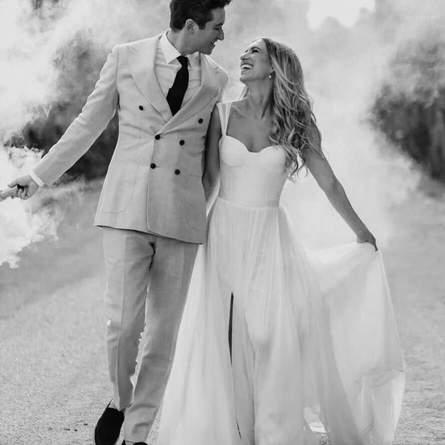 Wedding Bridal Country Dresses Gown Chiffon A E Simple Straps Side Slit Plus Size Custom Made Garden Beach Vestido De Novia 403
