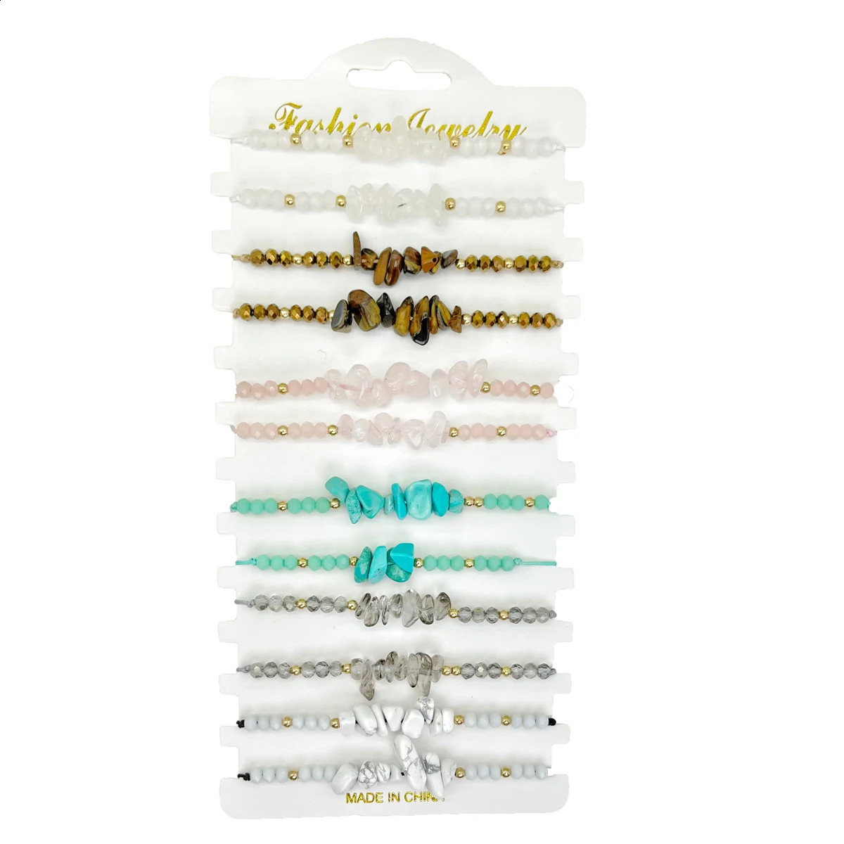 12 pieces/card multi-color natural stone hand woven bracelet irregular bead woven bracelet summer beach style 241018