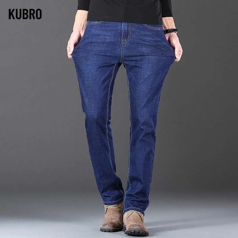 KUBRO Men's Jeans Winter Thickness Pants Straight Blue Jean Baggy Casual Work Denim Pant High Elasticity Wide Leg Male Hot Sale