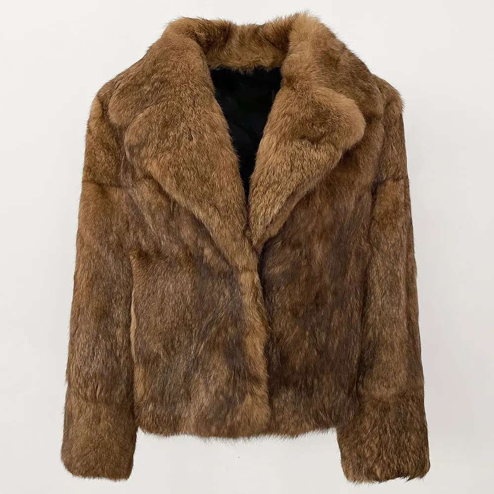 Winter Jacket Women Thick Warm New Fashion Turn-Down Collar Outerwear Streetwear Leopard Elegant Real Natural Rabbit Fur Coat