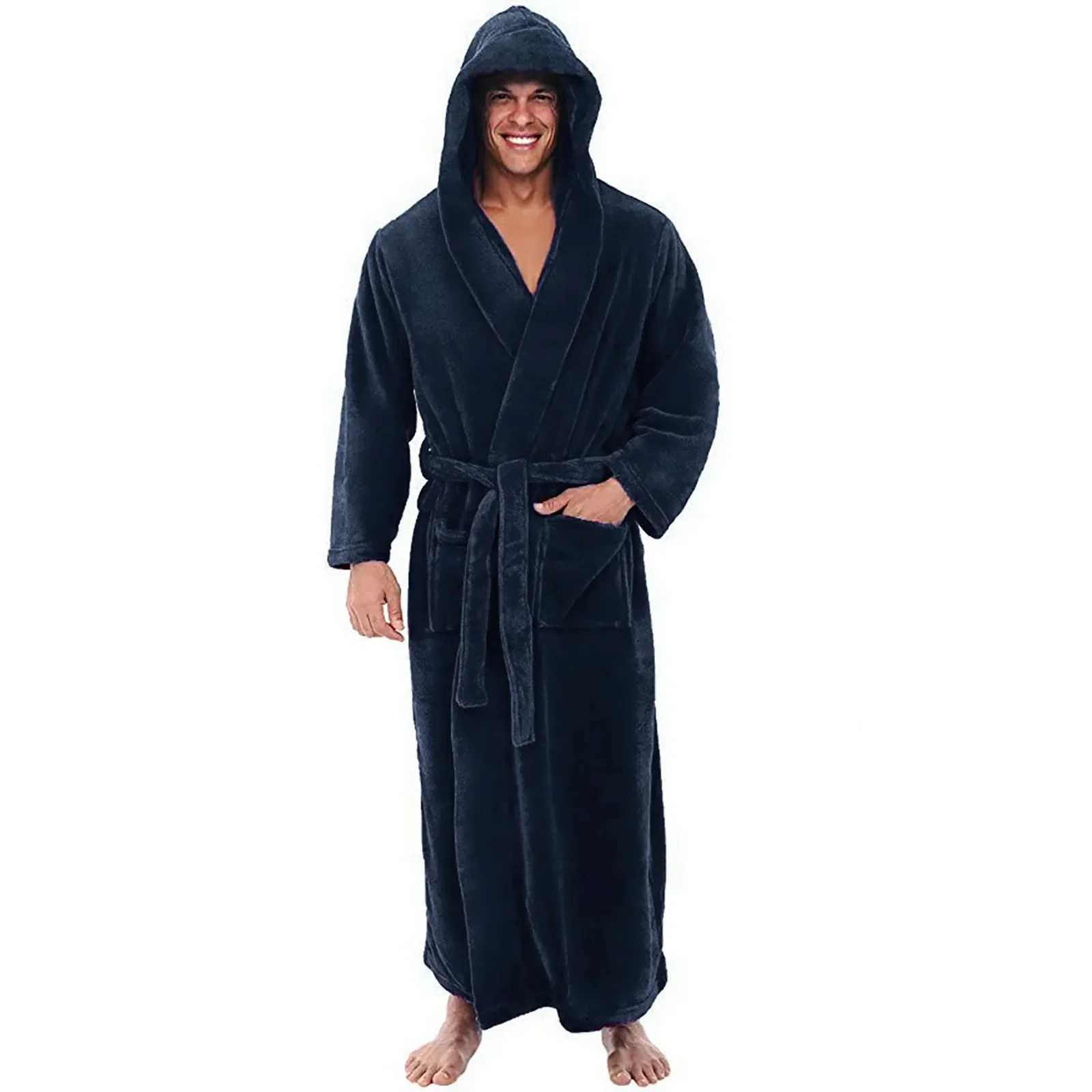 Winter Warm Bath Robe Men Bathrobe Nightgown Soft Coral Fleece Hooded Bathrobes Long Bath Robe Mens Bathrobe Home SleepwearXJ241018