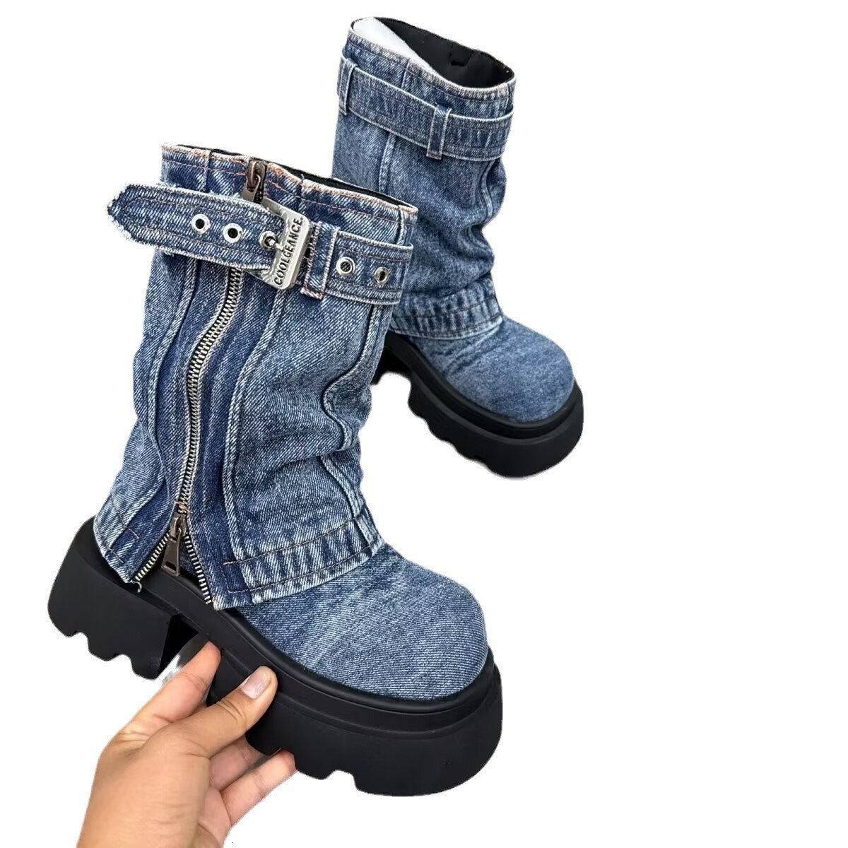Martin boots 2024 new denim fake two-piece stacking boots motorcycle boots short boots spicy style zipper women's shoes
