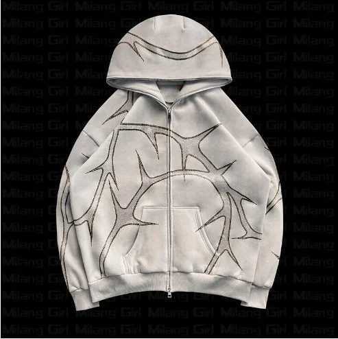 Hip Hop Rhinestone Print Hoodies Pants Suit Men Women Streetwear Fashion Y2k Zipper Hoodie Jacket Gothic Autumn Loose SweatshirtC241018