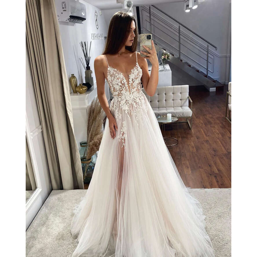 Dresses Sexy A E For Bride Spaghetti Appliques Wedding Dress Sweep Train Thigh Slit Long Designer Bridal Gowns ppliques