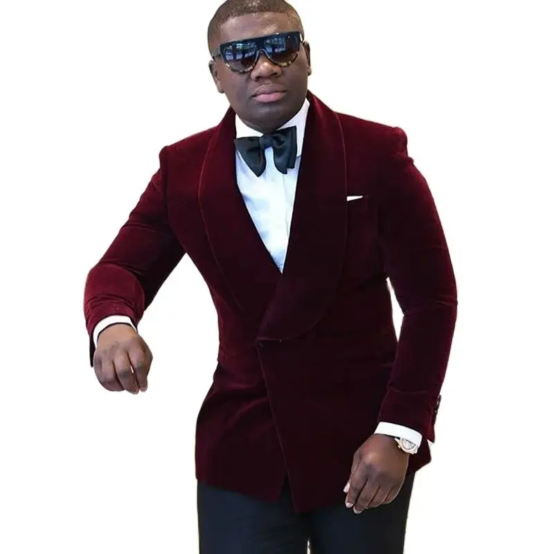 Double Breasted Formal Men Suits Slim Fit with Burgundy Velvet Blazer Shawl lapel Groom Tuxedo for Wedding 2 Pieces Jacket Pants